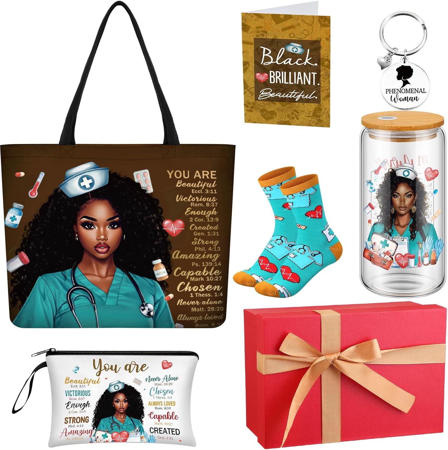 African American Gifts Set for Women - African American Tote Bag, Makeup Bag, Glass Cup, Socks, Keychain and More for Black Mom Friends Birthday Graduation Mother's Day Present(Nurse)