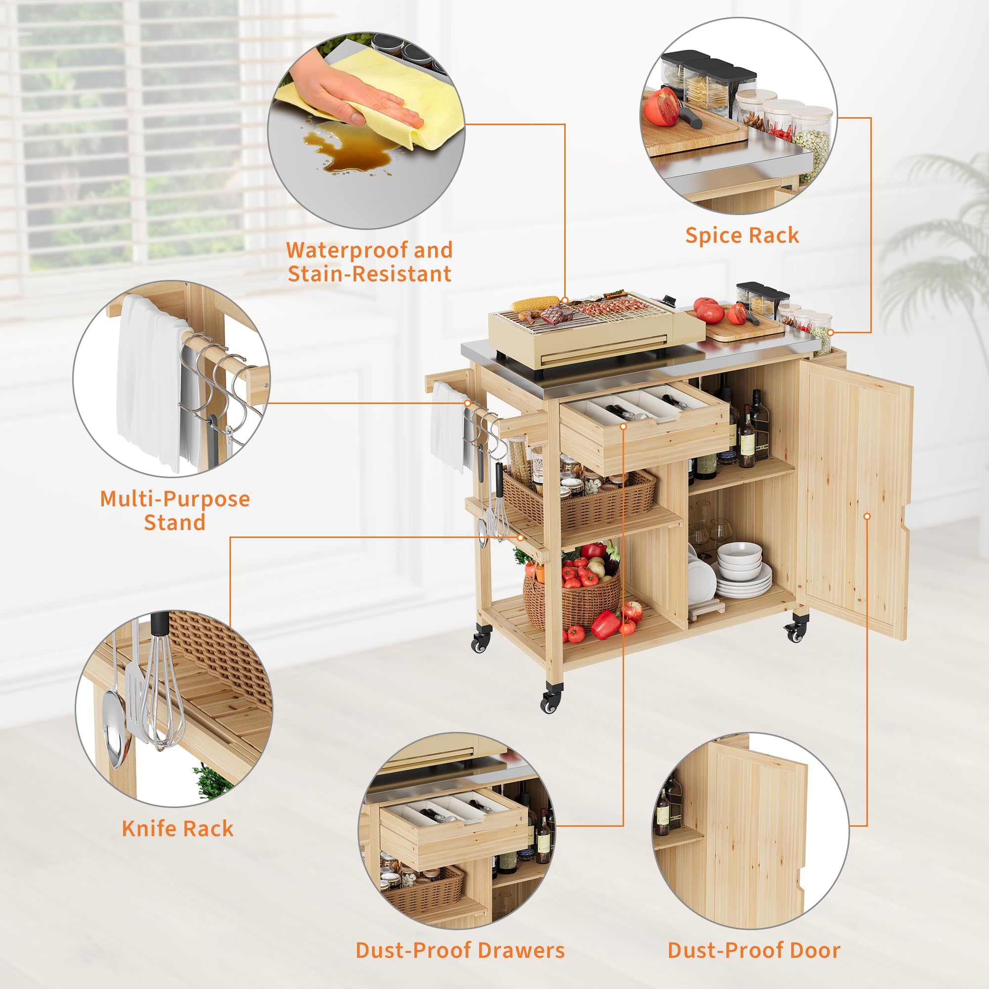 Garvee Chariot de Barbecue supplémentaireérieur Professionnel – Plan de Travail INOX, Armoire de Rangement, tiroir, étagères Ouvertes, Porte-épices, roulettes – Îlot Mobile et Table d’appoint pour