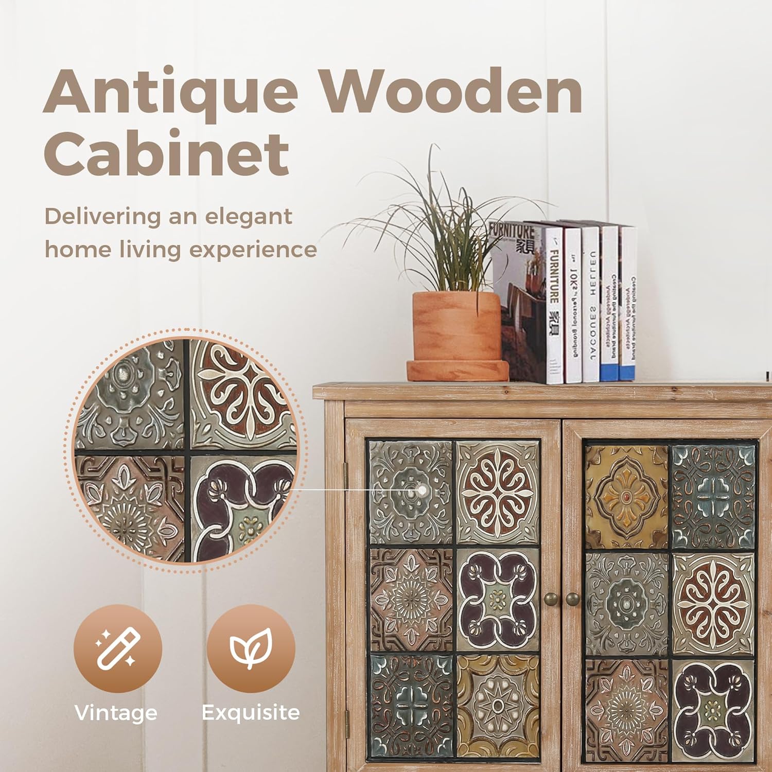 MAISON ARTS Accent Cabinet with 2 Doors and 1 Shelf, Farmhouse Boho Storage Cabinet with Solid Wood Frame, Small Buffet Sideboard for Living Room Entryway, Holds Up to 245lbs Multicolored Squares