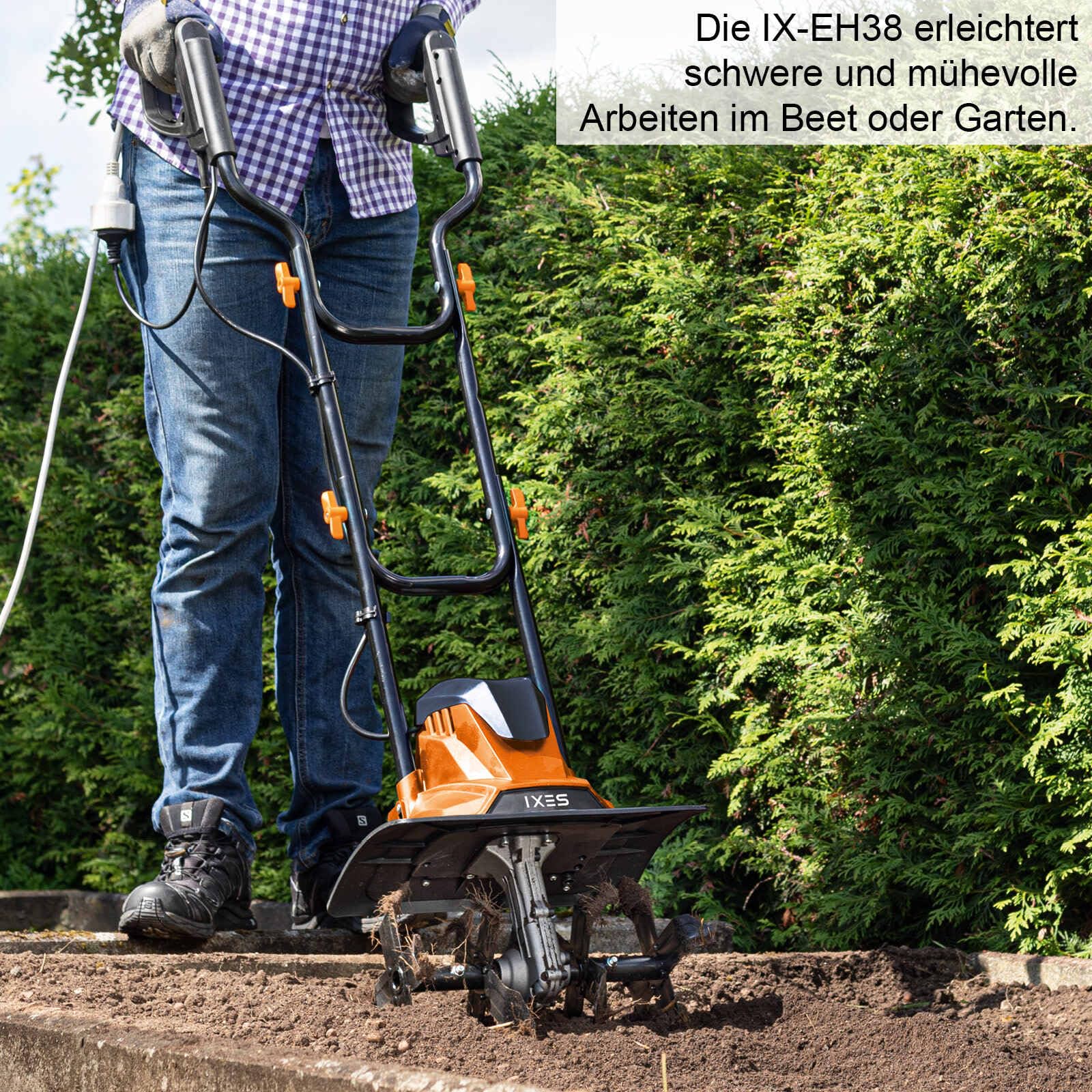 IXES Elektro Motorhacke Gartenfräse | 36cm Arbeitsbreite | Leistungsstarker 1050W 1,4PS Motor | 22cm Arbeitstiefe | 16 Hackmesser | Sicherheitsschalter | Bodenhacke Ackerfräse Kultivator