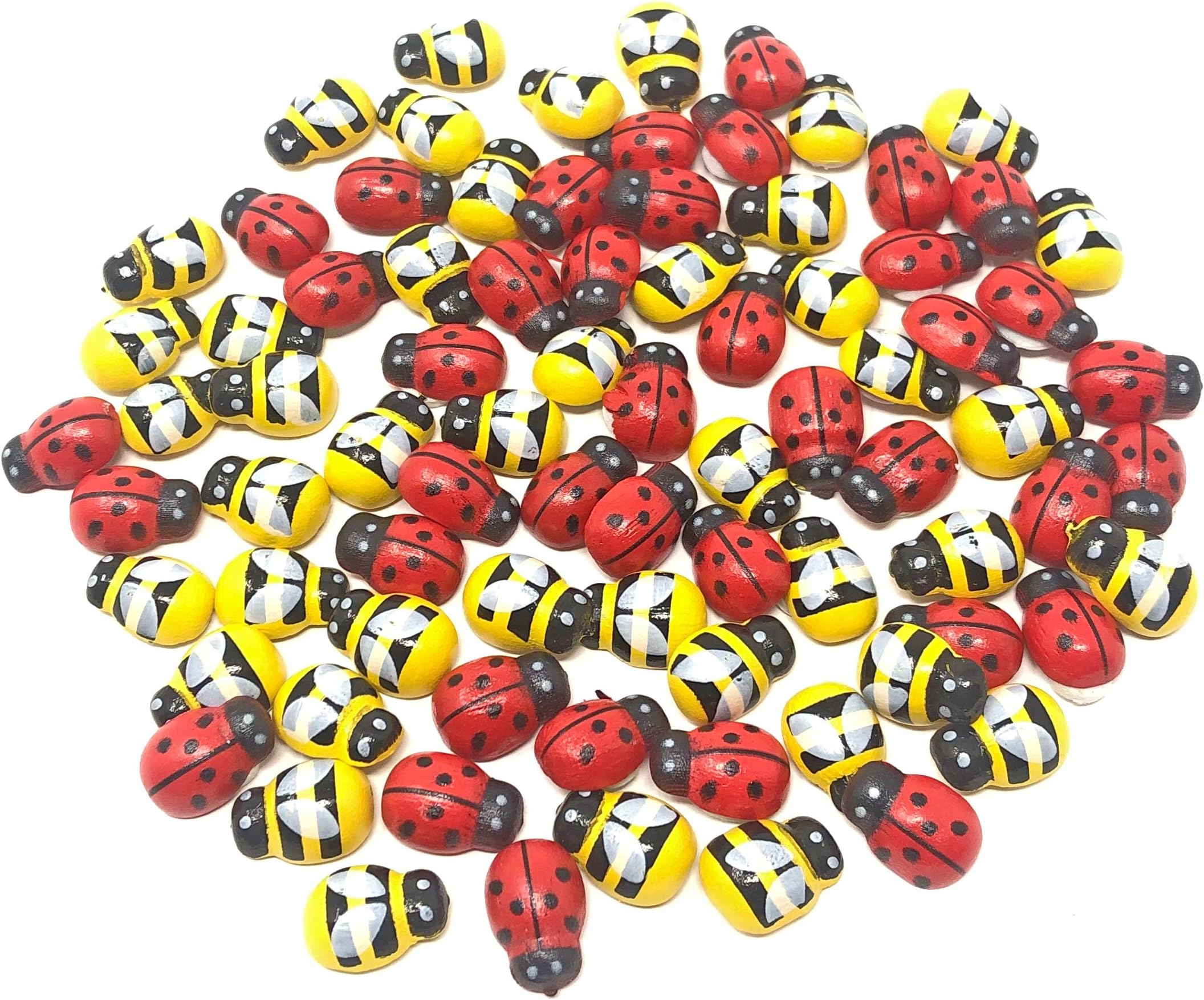 Mini 9x12mm Bees & Ladybirds Self Adhesive Wooden Bumble Bee & Ladybugs Craft Card Wood Topper (50)