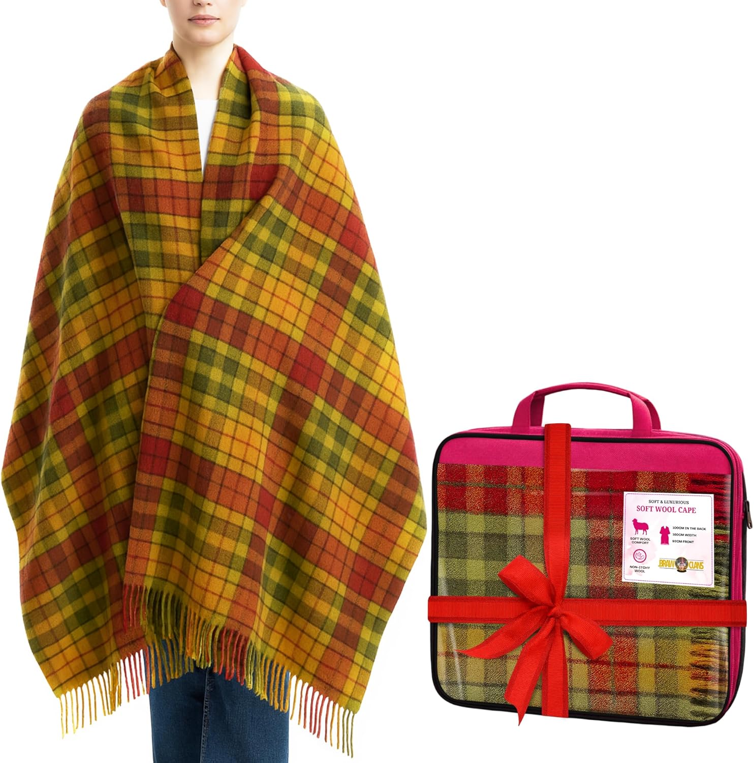 Soft Wool Cape Made in Scotland - Women’s Tartan Shawl Wrap, Thick and Warm Winter Poncho, Scottish Tartans