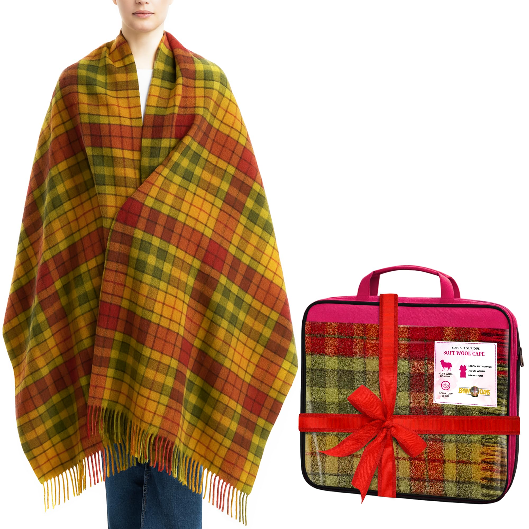 BRAW CLANS TARTANS Soft wool Tartan Poncho Blanket cape made in Scotland - Ruana cloak style - full body shawl - Mothers day Gift - Home, Travel, Camping - Buchanan Autumn Tartan