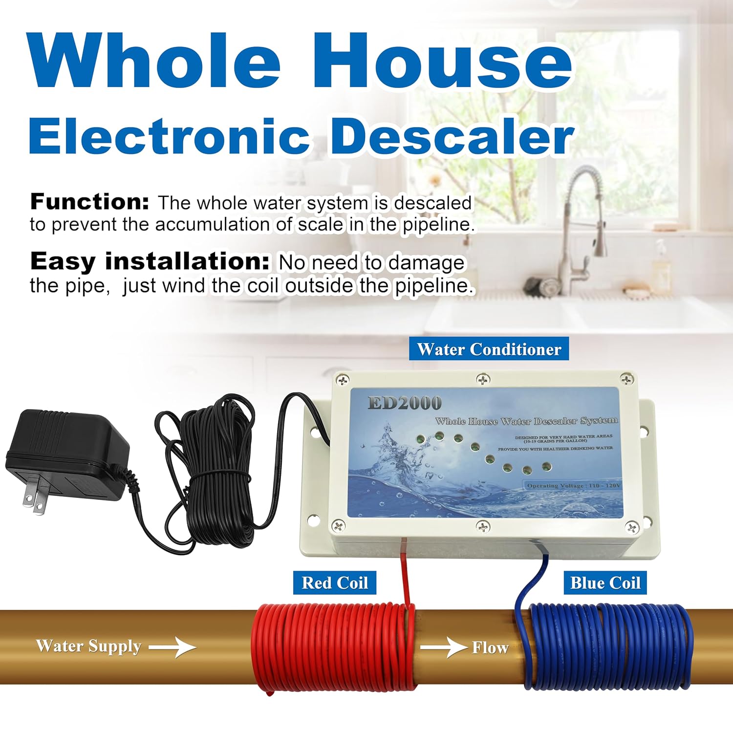 ED2000 Whole House Water Descaler, Alternative Electronic Salt-Free Hard Water Conditioner