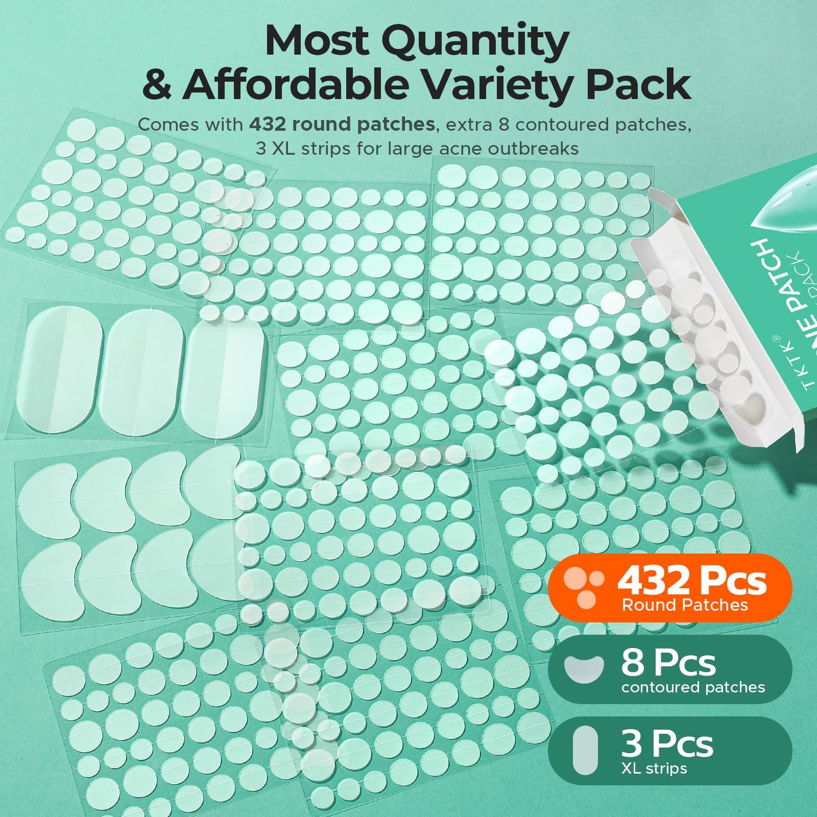TKTK 443 Count Pimple Patches for Face, Hydrocolloid Acne Patch Bulk, Acne Stickers for Covering Cheeks, Forehead, Chin Blemishes Zit Breakouts for All Skin Types (Dots, Strip, Contoured 5 Sizes) — view 2