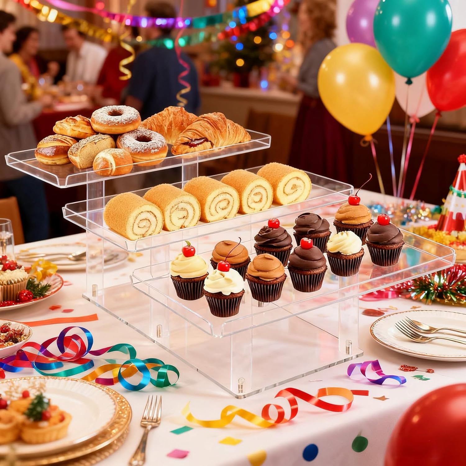 3-Tier Serving Tray Set for Party, Acrylic Dessert Table Display Set, 14.7" Tiered Tray Stand for Serving Food, Clear Tiered Cupcake Buffet Pastry Holder for Wedding Baby Shower Christmas Tea Party