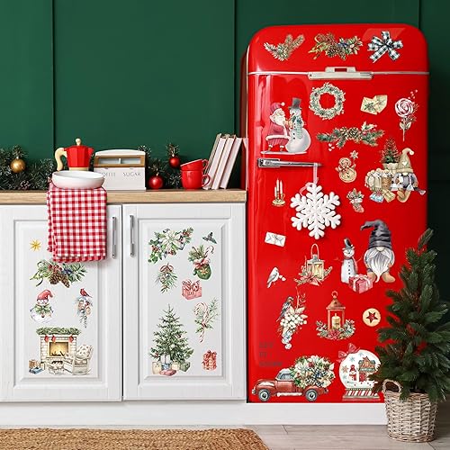 Miniatura 7 de Whaline 12 hojas de calcomanías clásicas de transferencia de gnomos de acuarela, Papá Noel, muñeco de nieve, gnomo, calcomanías de invierno florales