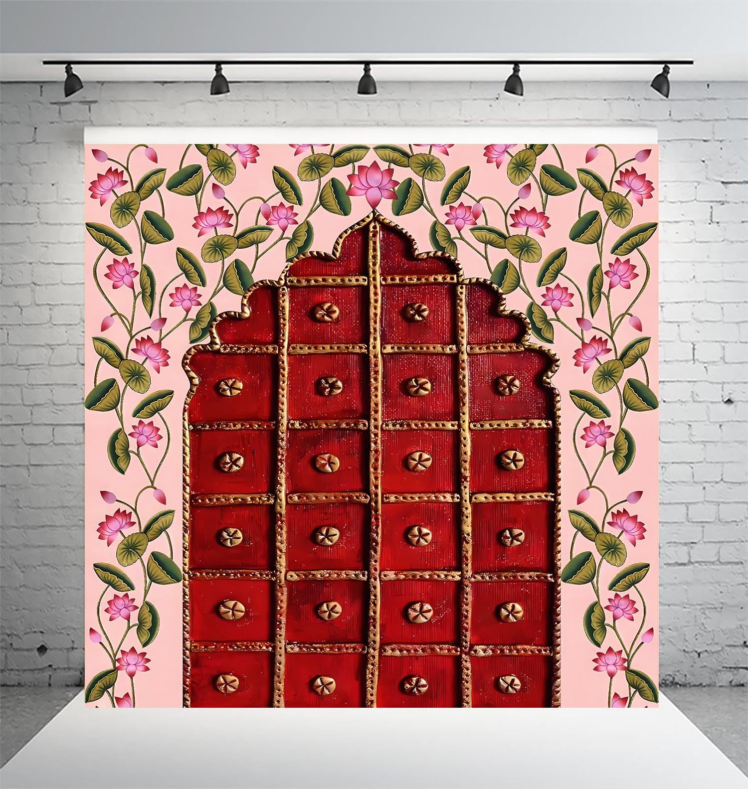 Dhara Door Entrance Design Printed (8FT-8FT) Backdrop Cloth for Pooja Decoration Traditional Background Curtain Cloth for Festival. (Washable Fabric)