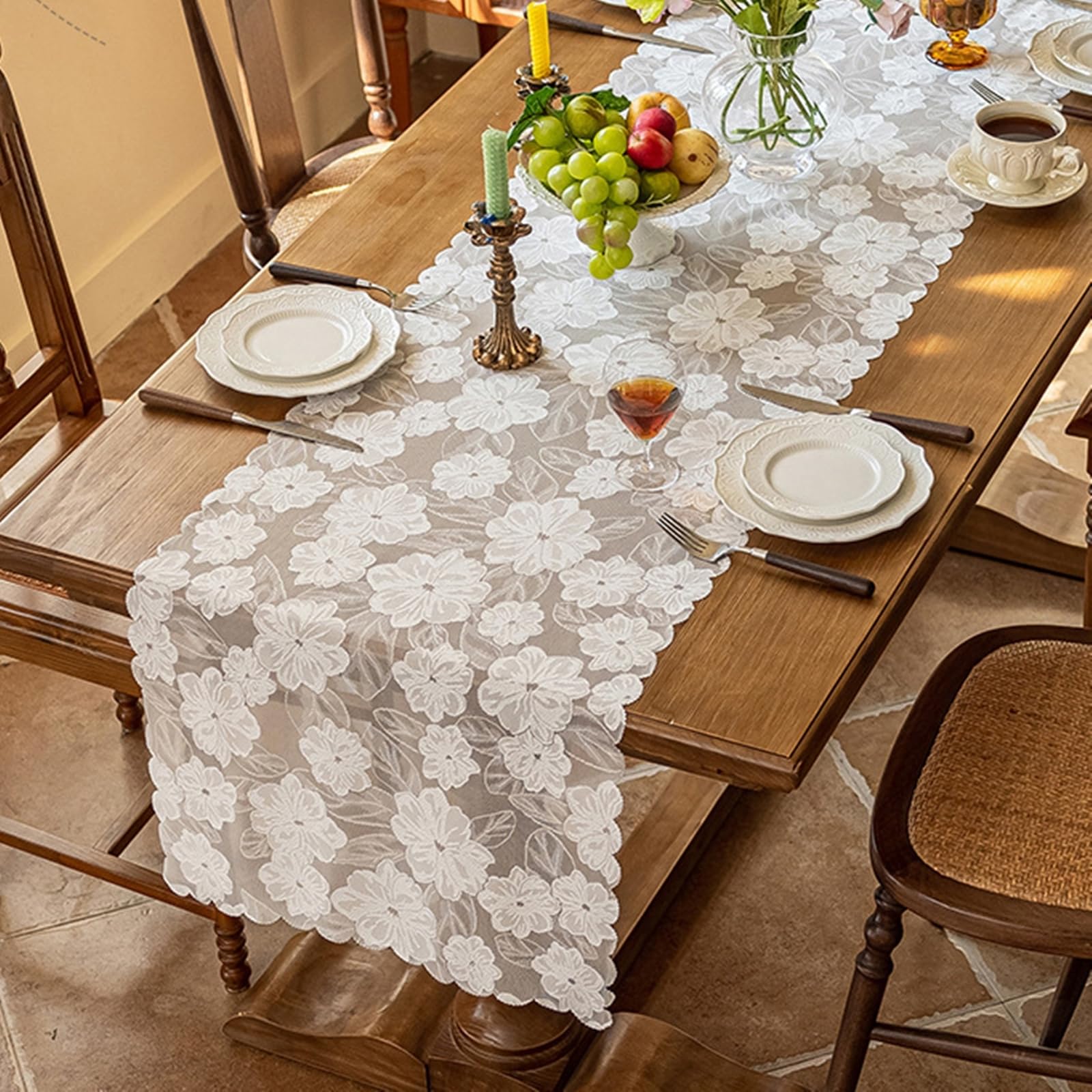 Tischläufer Polyester Landhausstil, Tischläufer Wohnzimmer 45x240 cm, Weiße Spitze mit Floraler Stickerei