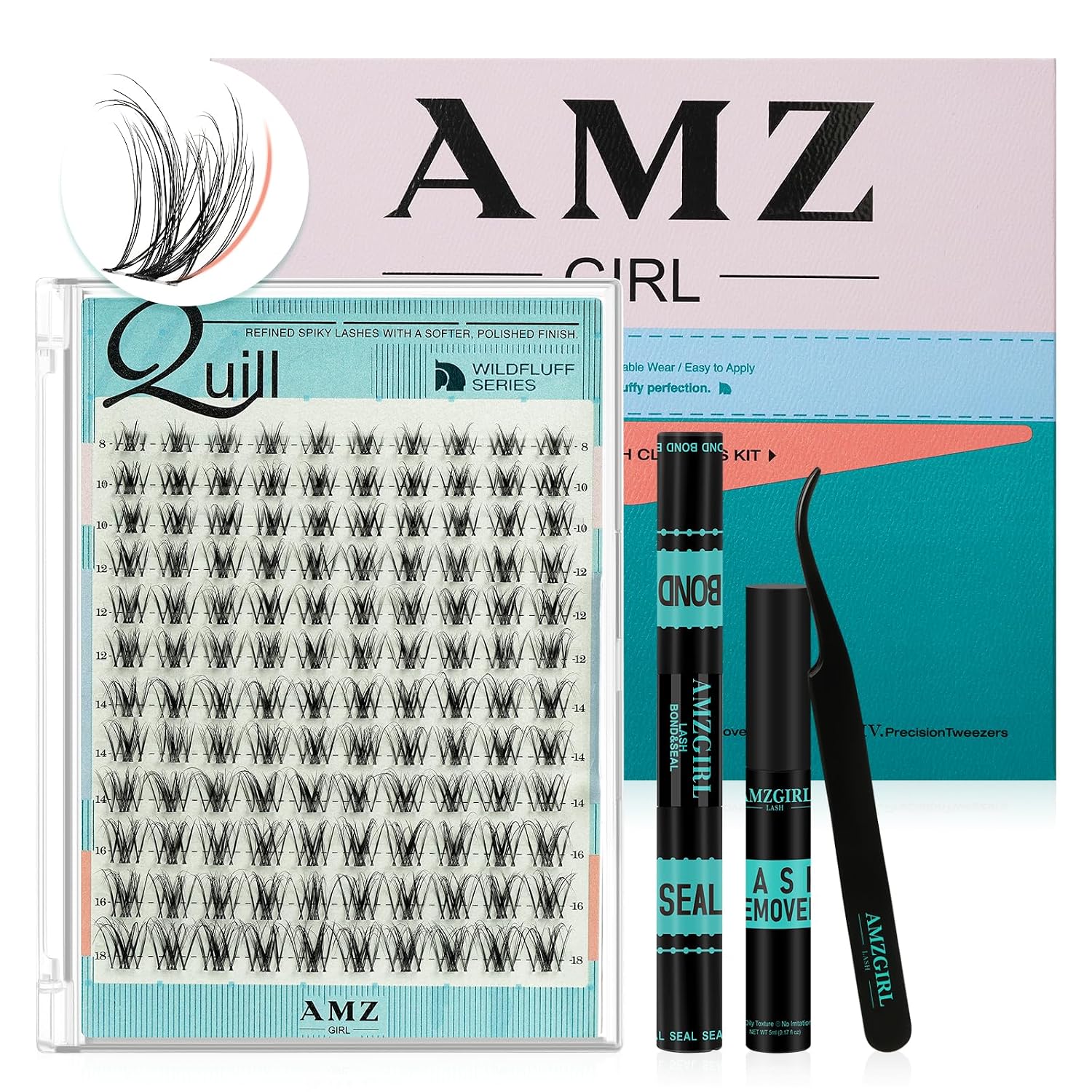 WildFluff Lash Clusters Kit, Ultra Airy & Wispy 3D Effect, Natural Enhanced D Curl Eyelash Clusters, Invisible Cluster Lashes w/Bond & Seal, Remover, Applicators for Beginners (8-18MM, Quill Kit)