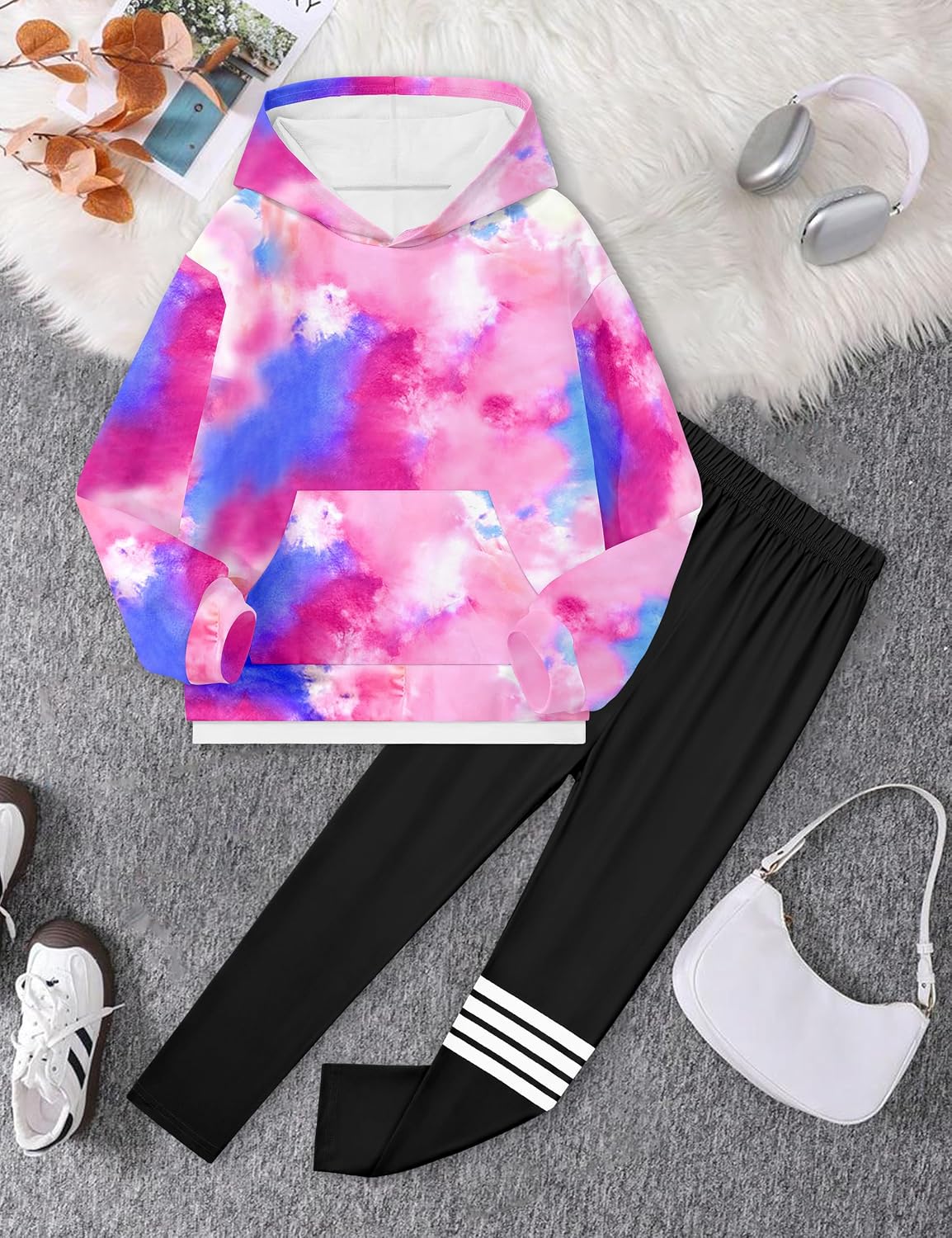 NECIOUS Girls Fall Outfits 2 Piece Fashion Contrast Stripes Hoodie Sweatshirt and Leggings Clothings Sets 6-14Y
