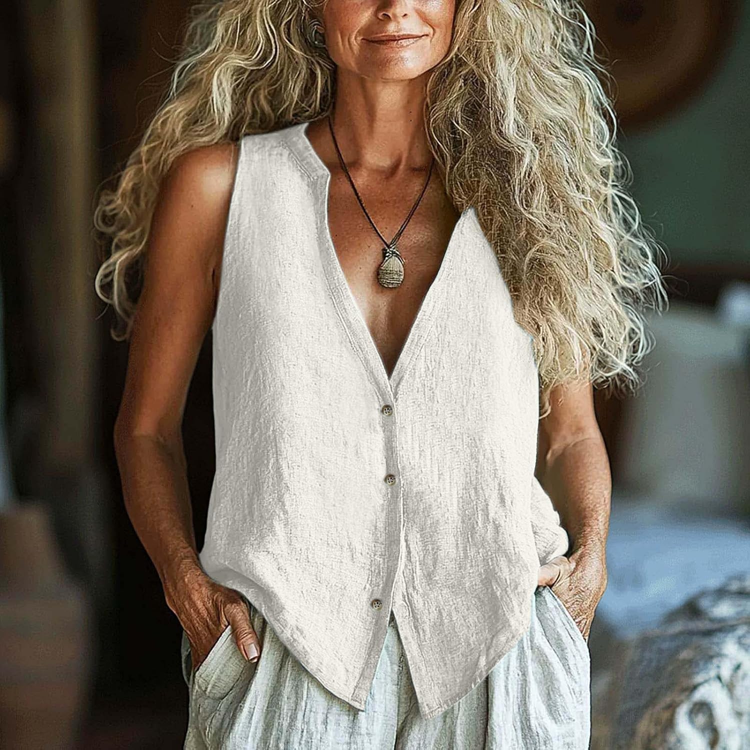 Linen Tank Tops for Women Fashion Summer Casual Dressy Clothes Trendy Sleeveless V Neck Button Down Shirts