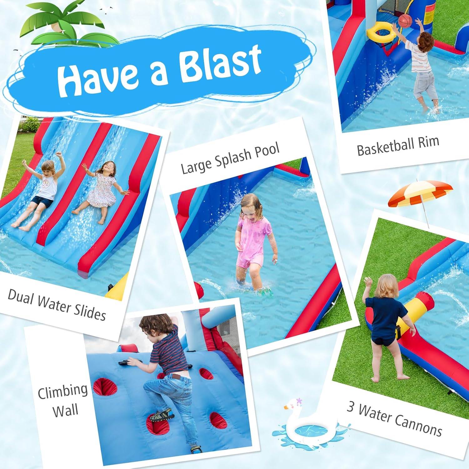 HONEY JOY Inflatable Water Slide, 9 in 1 Mega Water Park Bounce House for Backyard, Dual Long Slides, Giant Splash Pool, Outdoor Waterslide Inflatables for Kids and Adults(Without Blower)