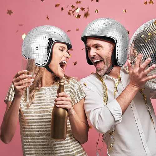 Miniatura 7 de Kanayu 2 piezas de casco de bola de discoteca con visera retráctil, espejo con purpurina, sombrero de cristal para Navidad, Año Nuevo, disfraz