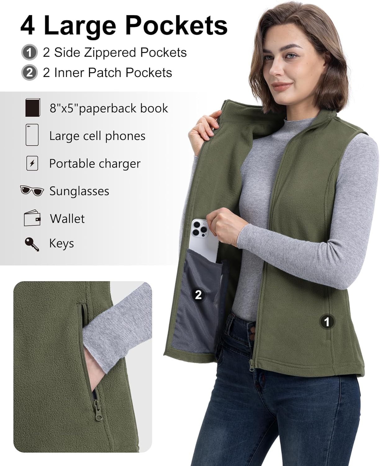 33,000ft Women's Fleece Vest, Lightweight Warm Polar Soft Vests Outerwear with Zip Up Pockets, Sleeveless Jacket for Winter - Image 3