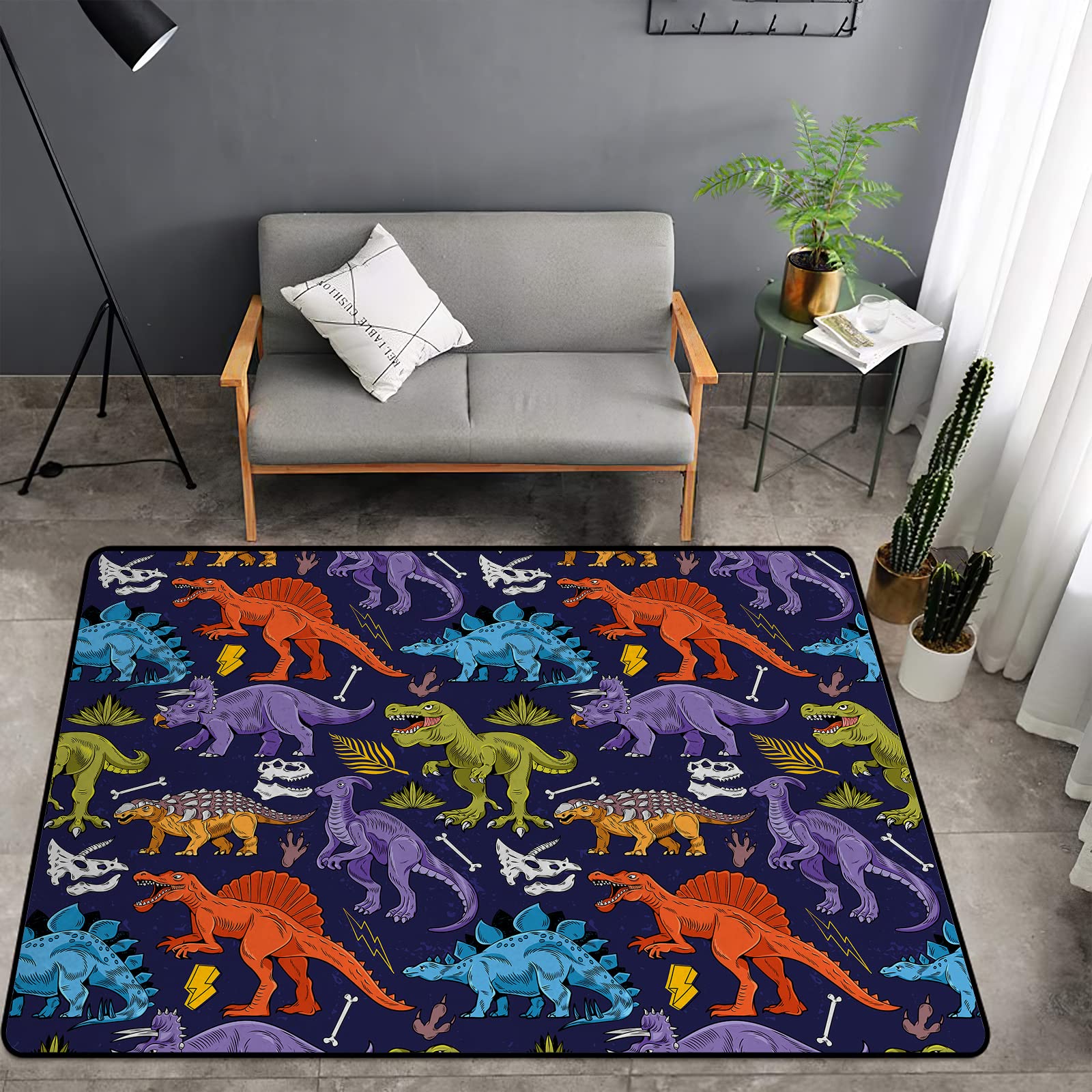 Washable Area Sponge Rug Pad for Kids Girls Bedroom Living Room Dinosaurs, Kids Cartoon Colorful Vintage Cool Dinosaur Non-Slip Carpet Super Soft Extra Thick Bathroom Home Indoor Small Floor Rugs