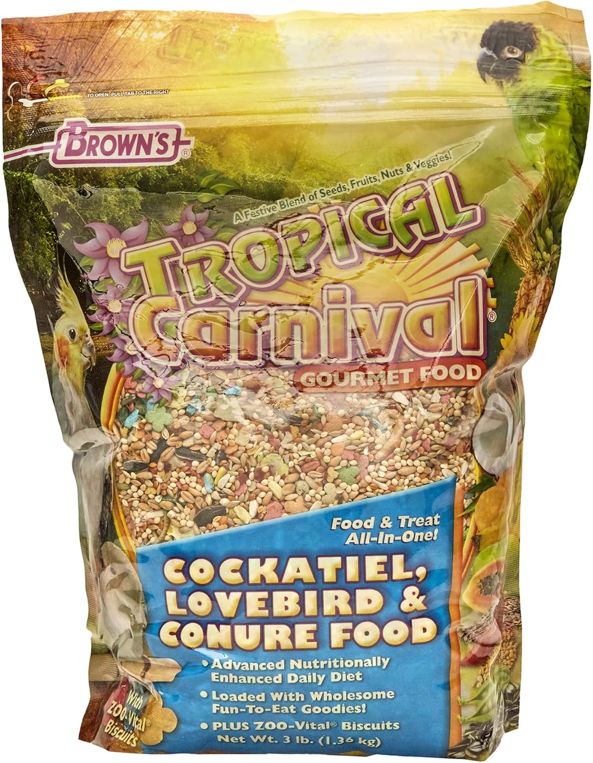 F.M. Brown's Tropical Carnival, Gourmet Bird Food for Cockatiels, Lovebirds, and Conures, Vitamin-Nutrient Fortified Daily Diet, 3 lb