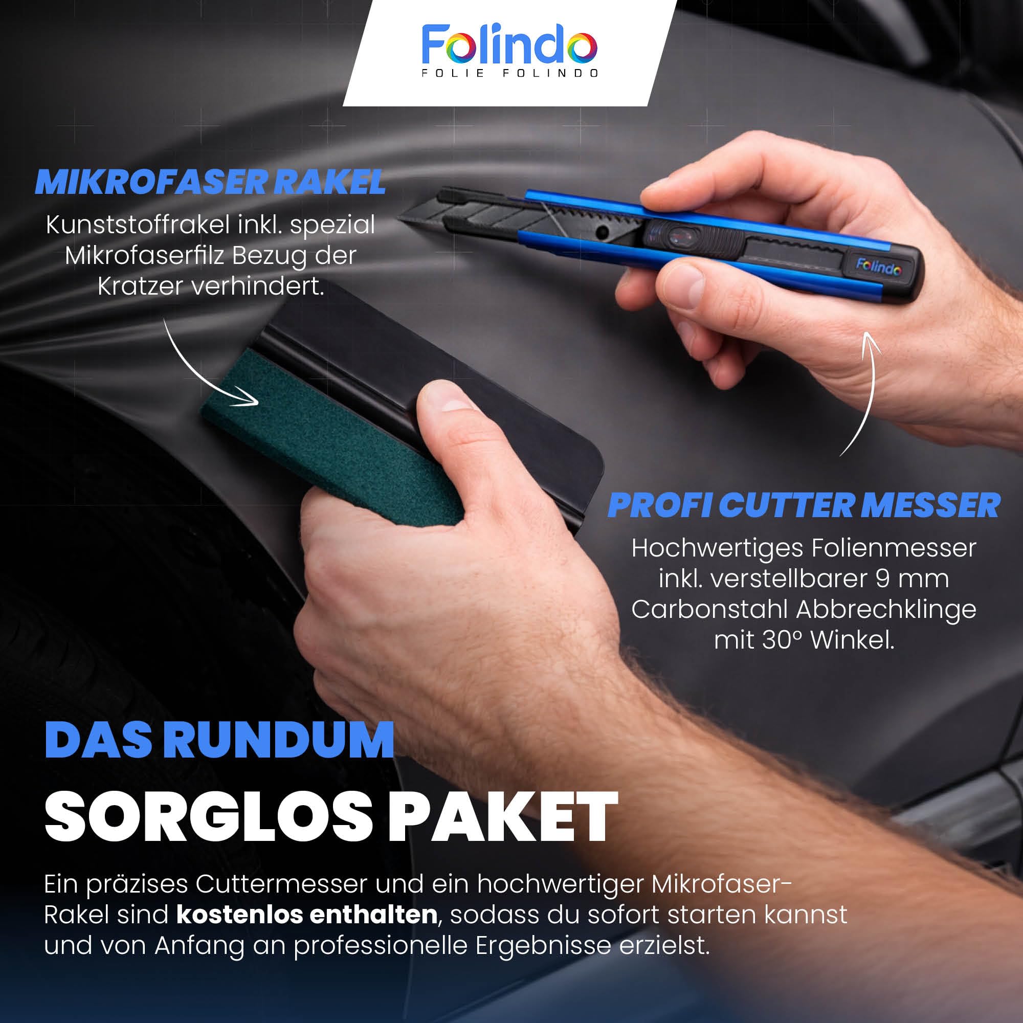 Folindo Autofolie Grau Matt (9€/m²) - 5 x 1,52 m – Selbstklebende Auto Lackschutzfolie mit Luftkanal Technik – Blasenfreie Auto Folierung inkl. Rakel & Cutter – Car Wrapping Folie