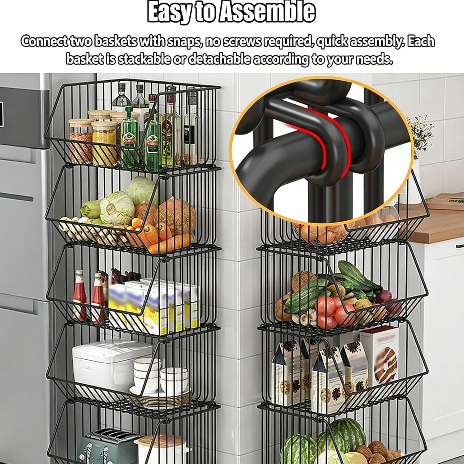 Stackable Storage Baskets, Storage Trolley with Wheels, Kitchen Shelf, Slanted Display Rack, Suitable for Dining Room, Kitchen, Bathroom, Study Black Five Layers
