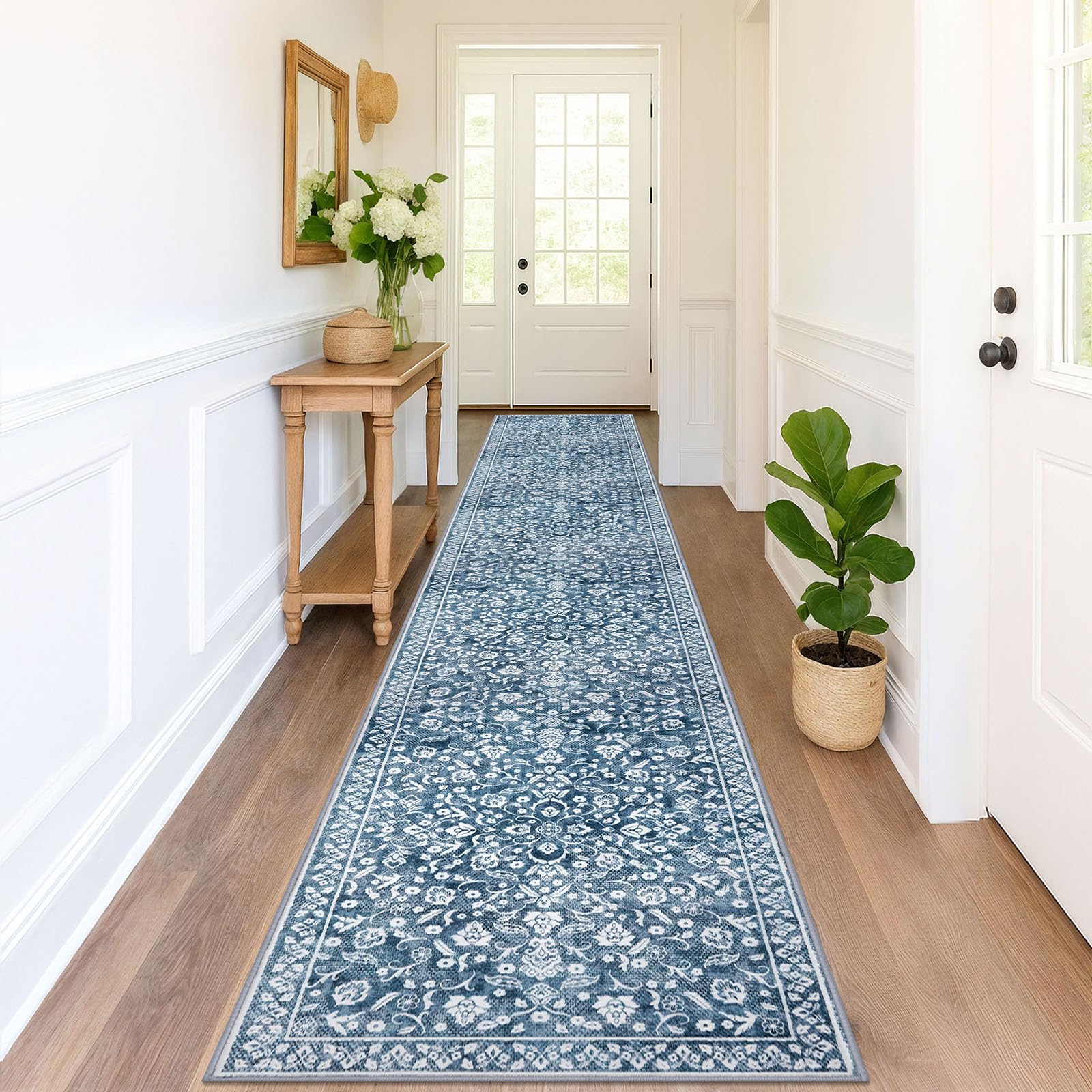 SILOLOOM Vintage Runner Rugs for Hallway 3x18, Blue and White Washable Long Hallway Runner Rug Non Slip, Super Soft Kitchen Runner Rug, Print Faux Wool Floral Thin Carpet Hall Runner โ image 1