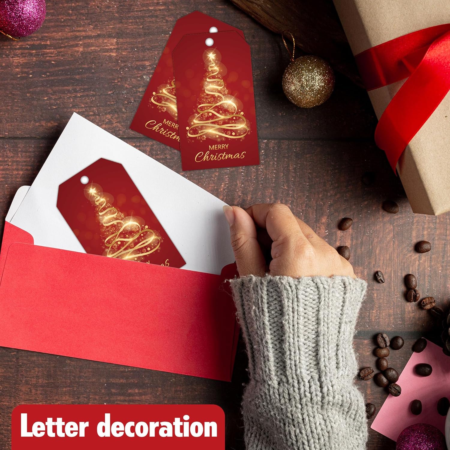 Red Gold Merry Christmas Gift Labels with String, 2x3.5 Inches Golden Foil Christmas Paper Gift Tags, 50PCS Xmas Presents Paper Hang Tags, Holiday Wrapping Party Favor Decor Supplies-A05 - Image 5