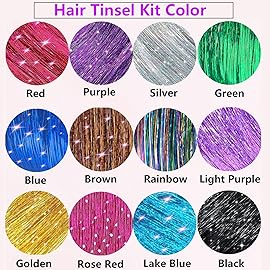 Hair Tinsel Kit (48 Inch,12 Colors, 3800 strands), Fairy Tinsel Hair Extensions with Tools - Glitter Hair Tinsel Heat Resistant Accessories for Girls Women Kids Christmas New Year Halloween Cosplay