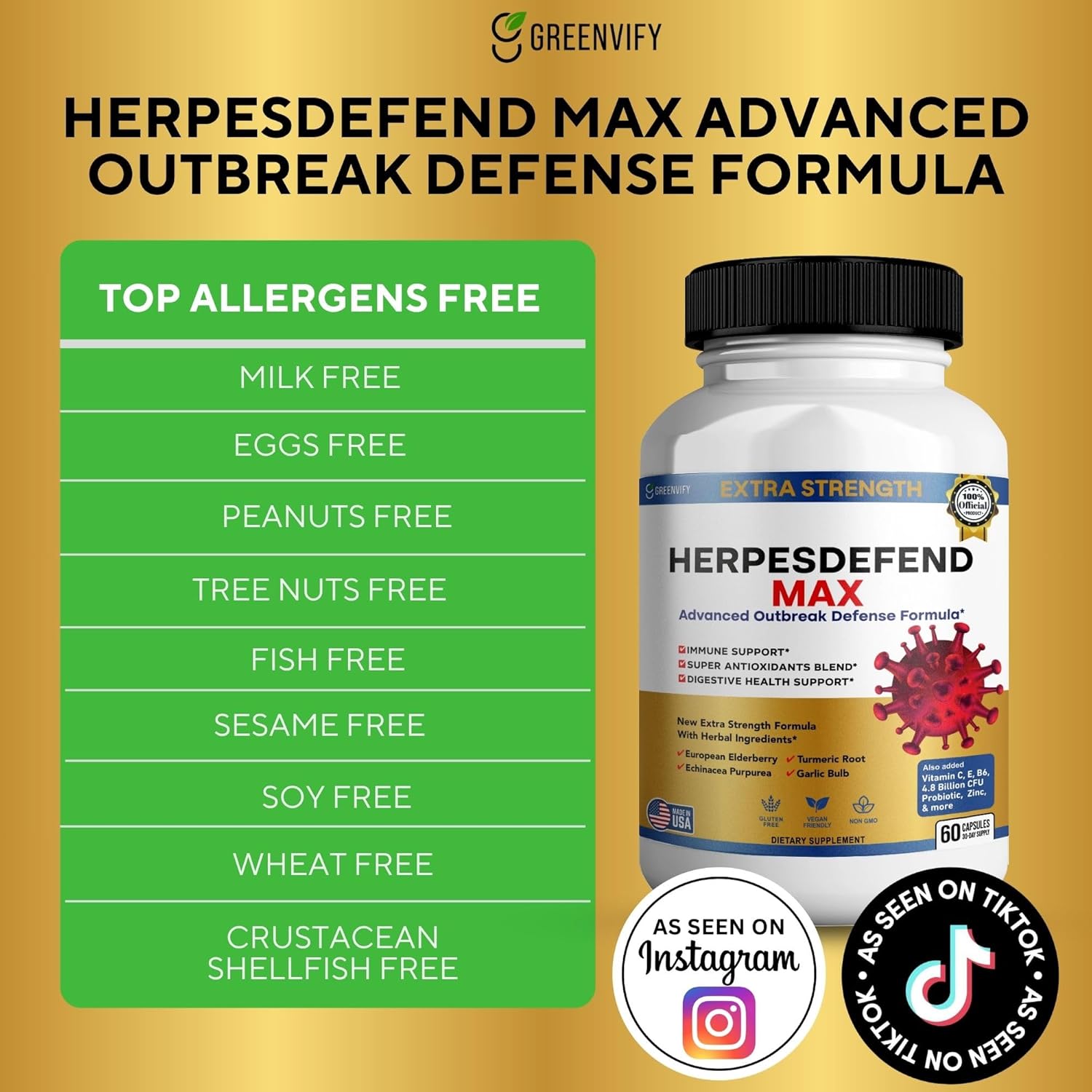 Herpes Defend Max, Extra Strength Advanced Defense Formula, 60 Capsules, with Elderberry, Echinacea, Turmeric, Garlic, Vitamins and Probiotics