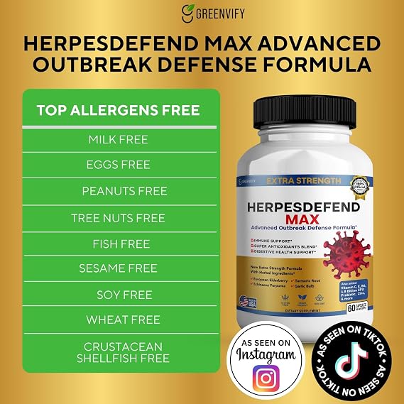 HerpesDefend Max, Extra Strength Advanced Defense Formula, 60 Capsules, with Elderberry, Echinacea, Turmeric, Garlic, Vitamins and Probiotics (5)