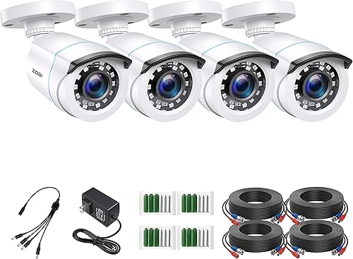 ZOSI Paquete de 4 cámaras de seguridad para el hogar HD-TVI de 2MP 1080p HD-TVI 1920 TVL, 24 LED, visión nocturna de 80 pies, ángulo de visión de