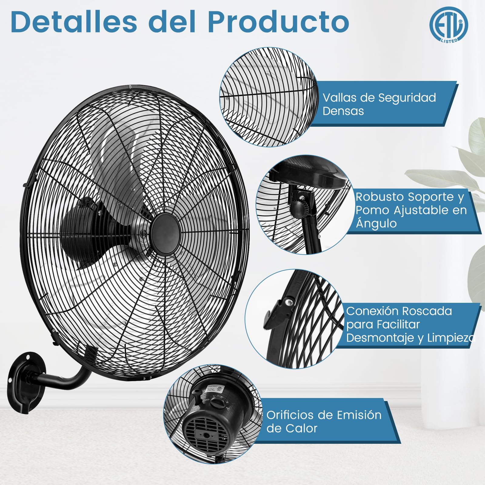 RELAX4LIFE Ventilador de Pared Ø56cm con 3 Velocidades (Negro) | Rotación Horizontal 85° y Vertical 30°, Ventilador Industrial Oscilante 120W con Pala de Aluminio para Almacén/Fábricas