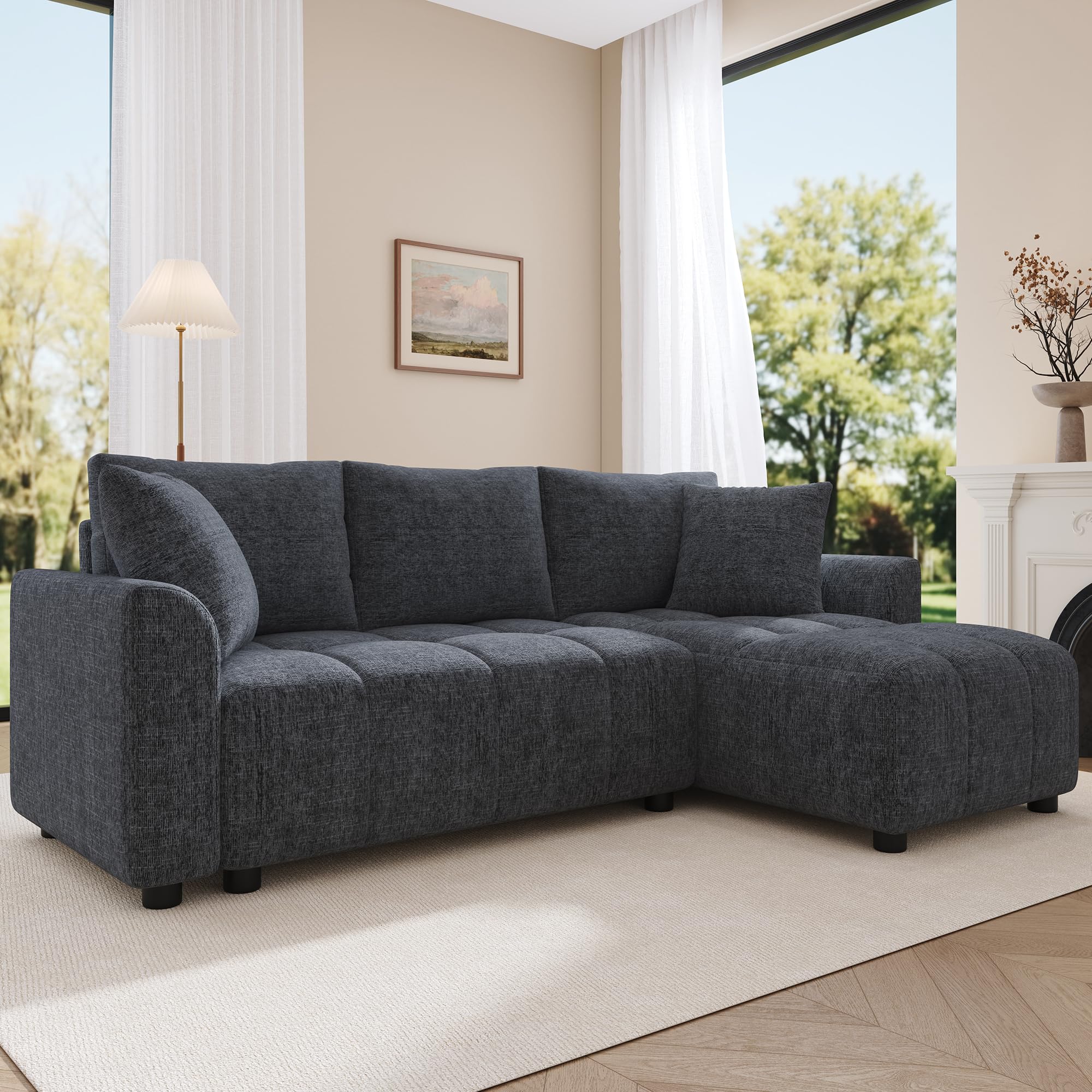 Divano a 3 posti, in ciniglia, grigio, 82,5 x 127 x 204 cm, divano ad angolo trasformabile, a forma di L, con 2 cuscini decorativi, adatto per soggiorno e appartamento