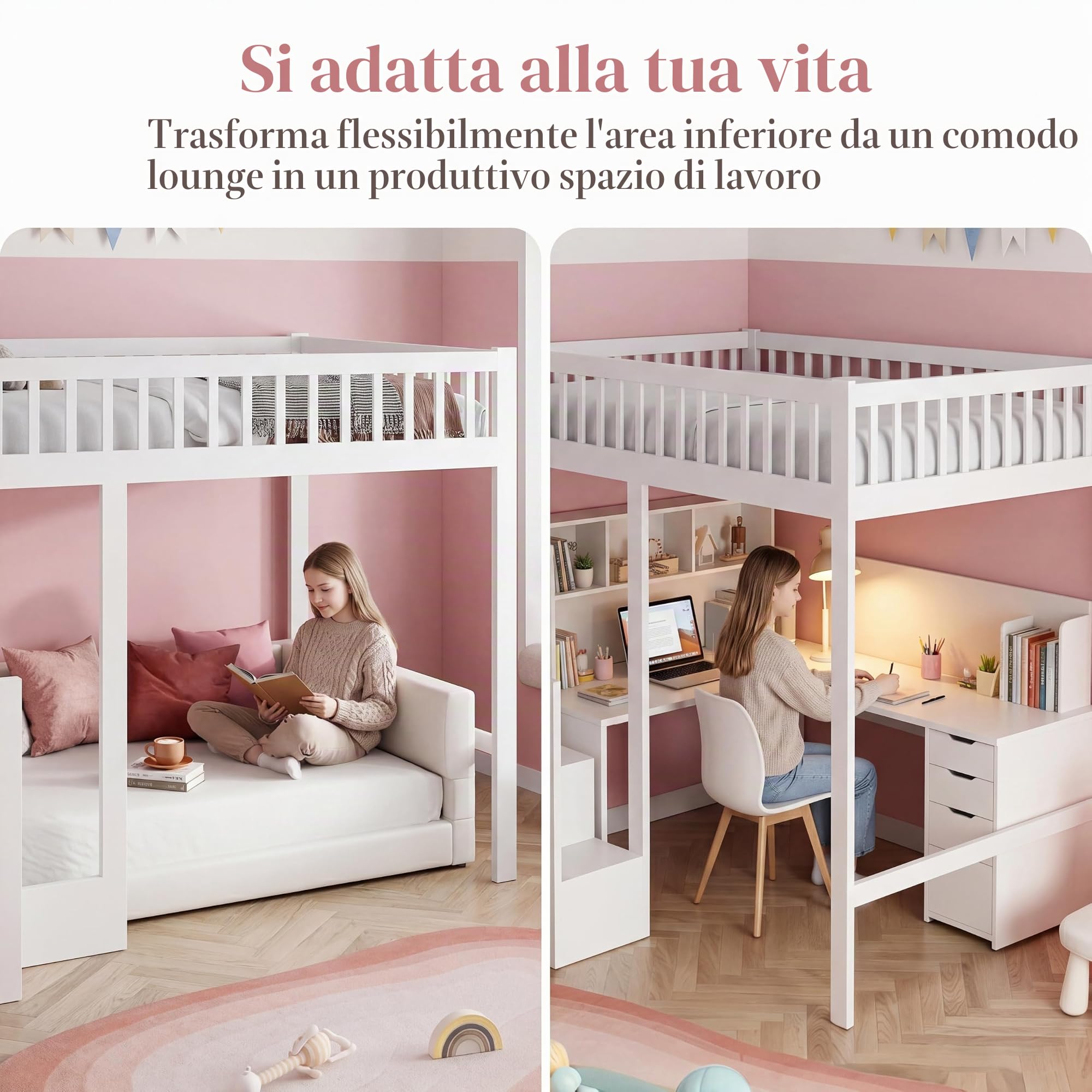 Letto a castello, 90 x 200 cm, letto a castello con scale e spazio di archiviazione, lettino per bambini con libreria e armadio, letto per ragazzi con rete a doghe, in legno massiccio, senza