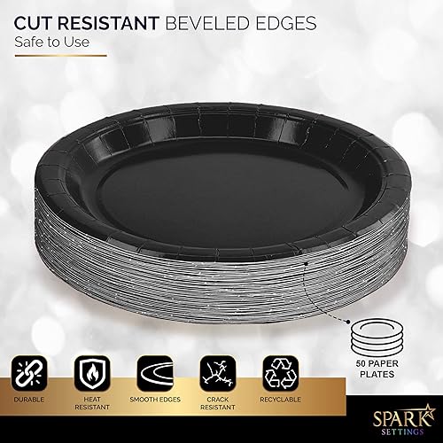 Miniatura 4 de Platos desechables de postre de papel negro de 6 34 pulgadas, ideales para bodas, fiestas, cumpleaños, cenas, almuerzos (paquete de 50)