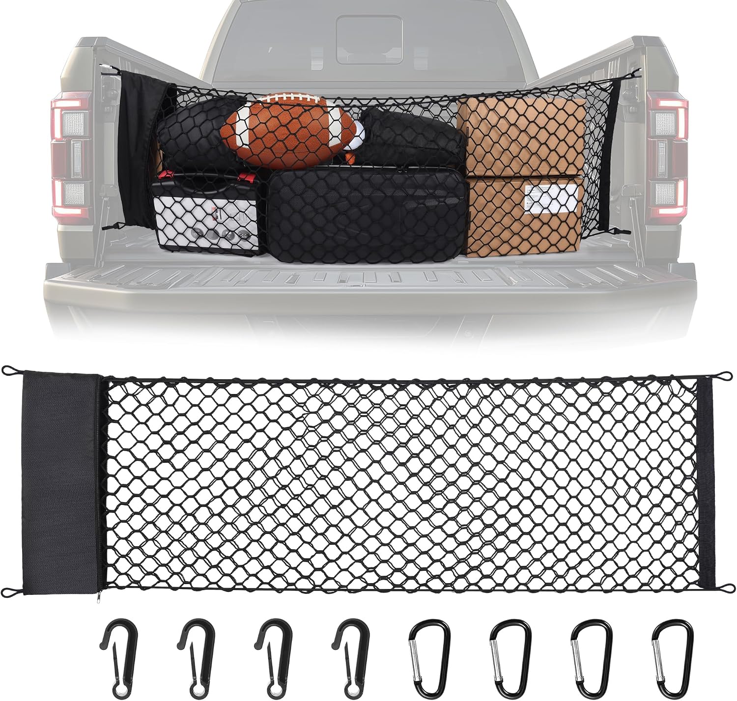 Truck Bed Cargo Net, Truck Bed Storage Net with Storage Organize Bag Highly Elastic Small Mesh Cargo Net 4 Self-Locking Metal Carabiners for 2013-2024 Chevy Silverado (16.9" X 49" to 62")