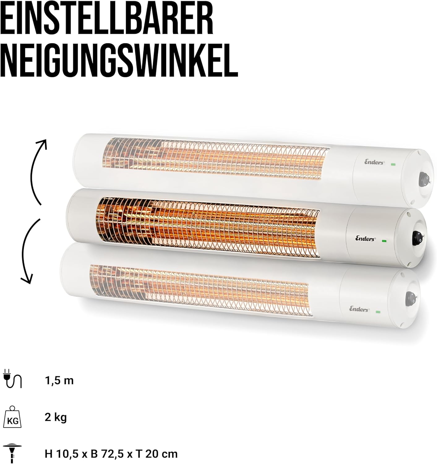 Enders Oxeo heater showing adjustable tilt angle and dimensions