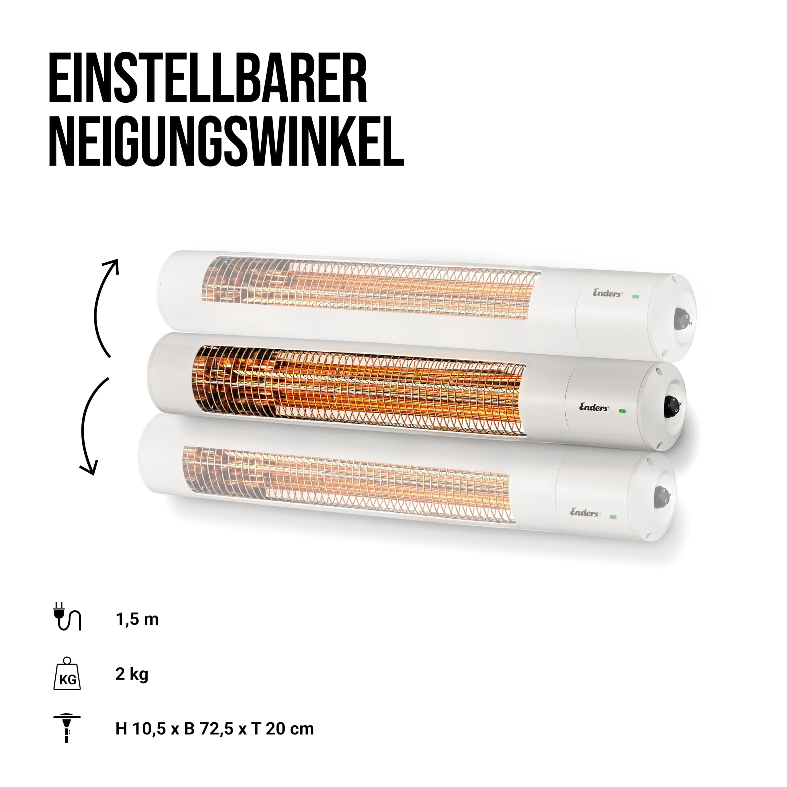 Enders Wandheizstrahler Oxeo White, Elektrostrahler, Heizpilz, Halogenstrahler, Infrarot-Strahlungswärme, 3 Leistungseinstellungen bis 2.000 W, Fernbedienung und Wandhalterung, Neigungswinkel #49286