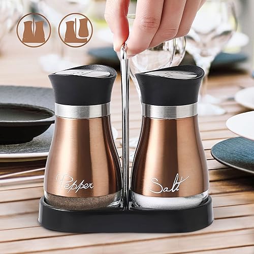 Miniatura 7 de Juego de saleros y pimenteros, acero inoxidable con botella de vidrio para mesa, RV, campamento, barbacoa, juego de 2, cobre