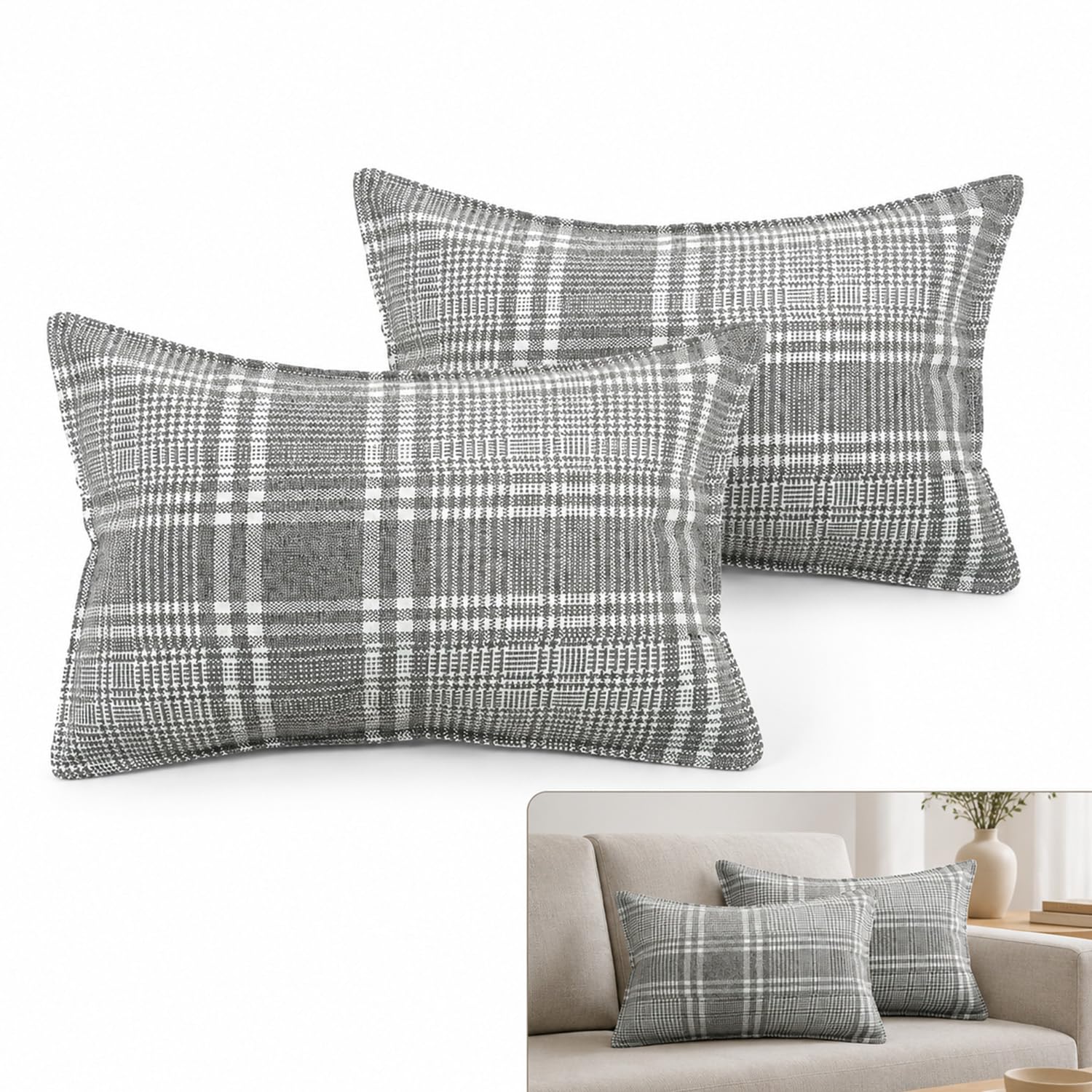 Yoicumed 2 Pack Oblong Cushion Covers, Sofa Cushion Covers for Bedroom,Office,Car Deco,Les 50x30cm Grey Check Pattern, Comfortable and Breathable and Soft