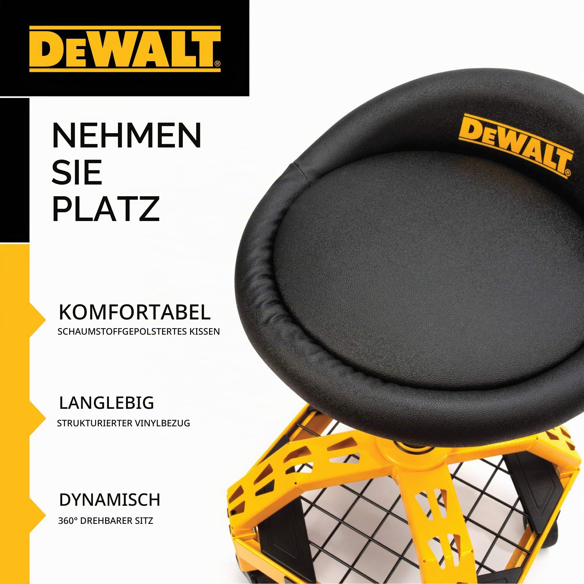 DeWalt DXSTAH025, Werkstattstuhl, Werkstatthocker, Werkstattsitz, Rollhocker, 40x40x25, max. Gewicht 135kg