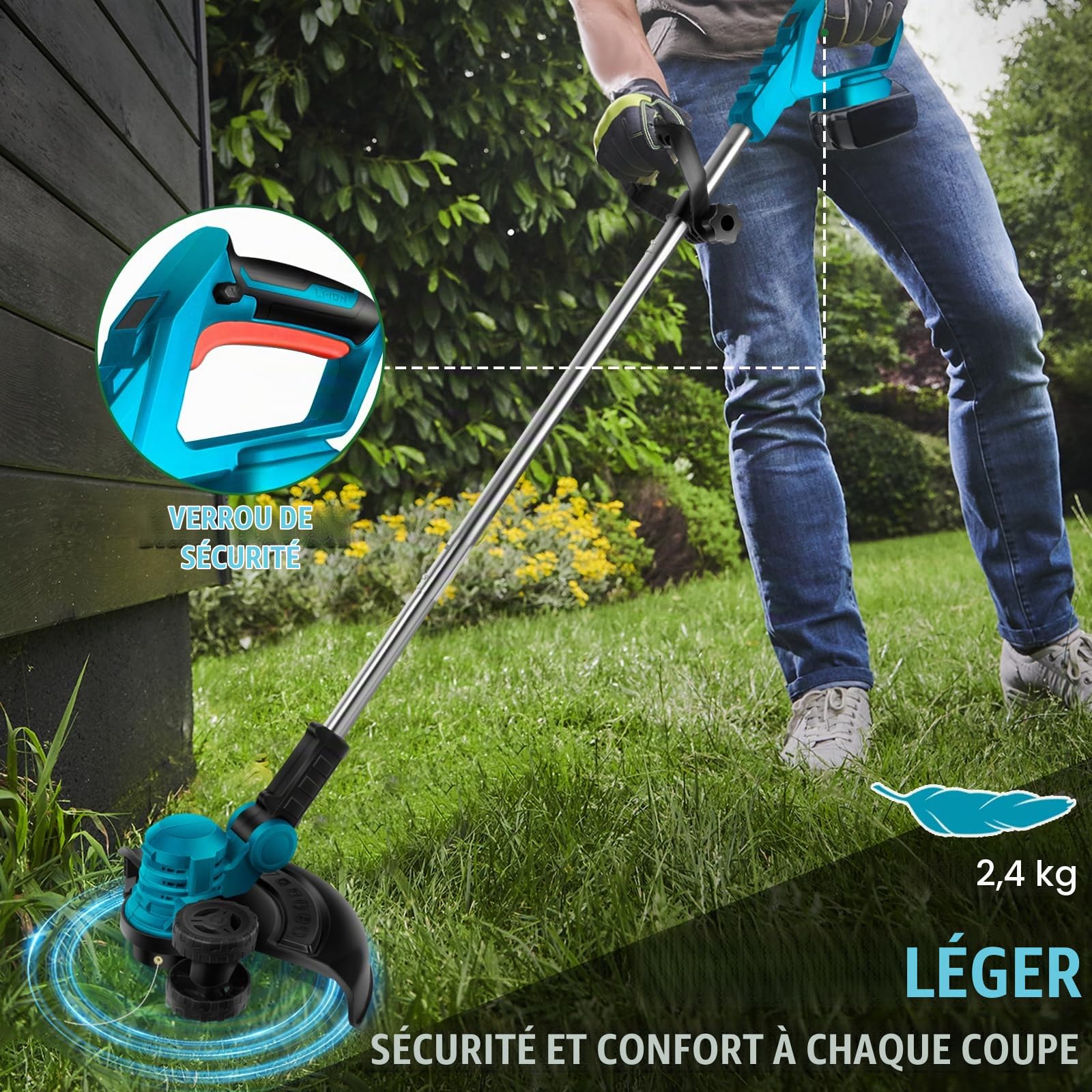 Tondeuse Électrique sans Fil avec 8 Têtes Interchangeables + 2 Batteries 2600 mAh, Réglage 5 Vitesses, Débroussailleuse, Désherbeur, Coupe-Bordure et Tonte pour Jardin
