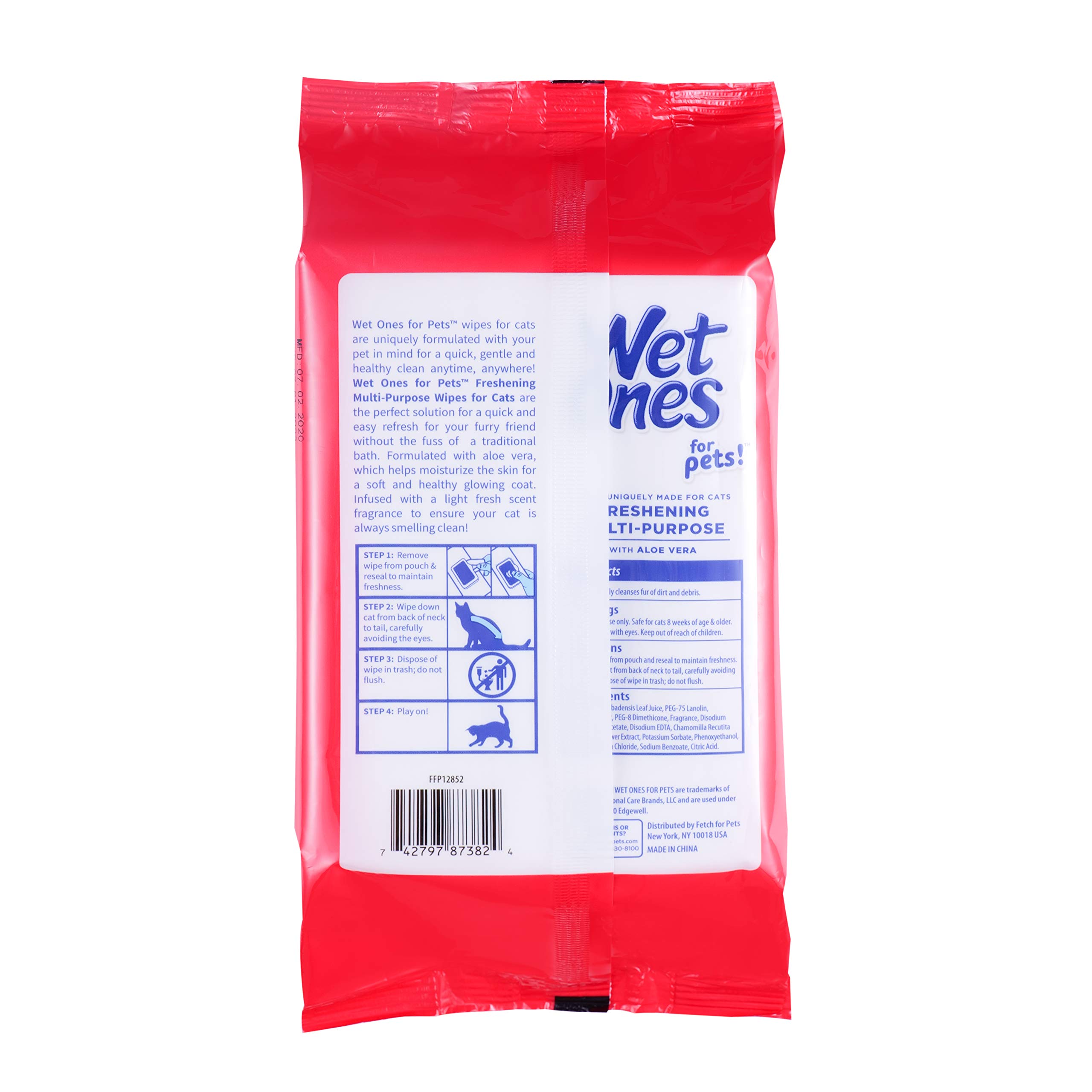 Wet Ones Lot de 12 lingettes rafraîchissantes multifonctions pour chats à l'aloe vera | Lingettes nettoyantes faciles à utiliser pour le toilettage des chats au parfum frais | 100 lingettes pour chat