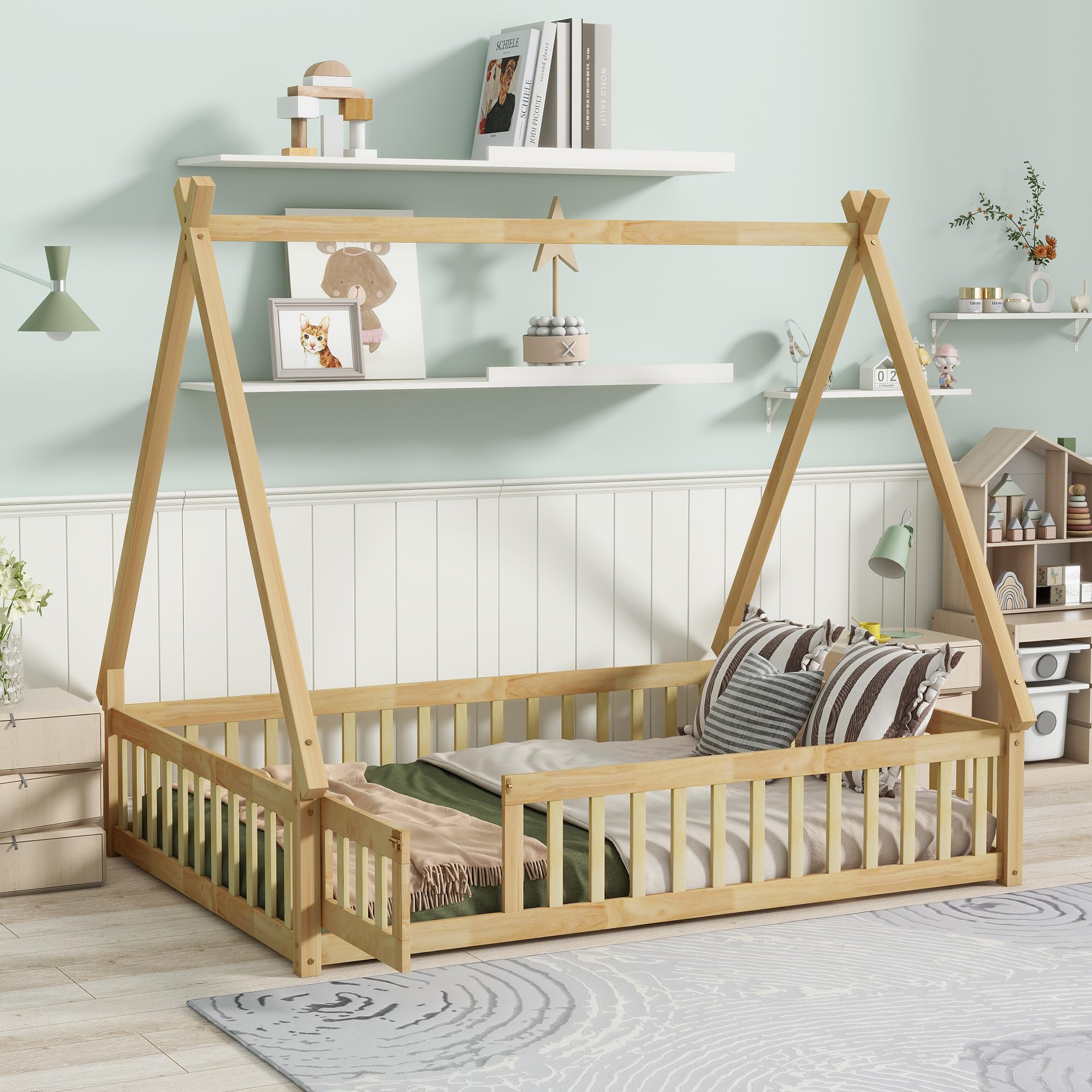 Bellemave Full Size Tent Floor Bed for Kids,Montessori Floor Bed with Door and Guardrails,Teepee Bed for Girls Boys(Full,Natural)
