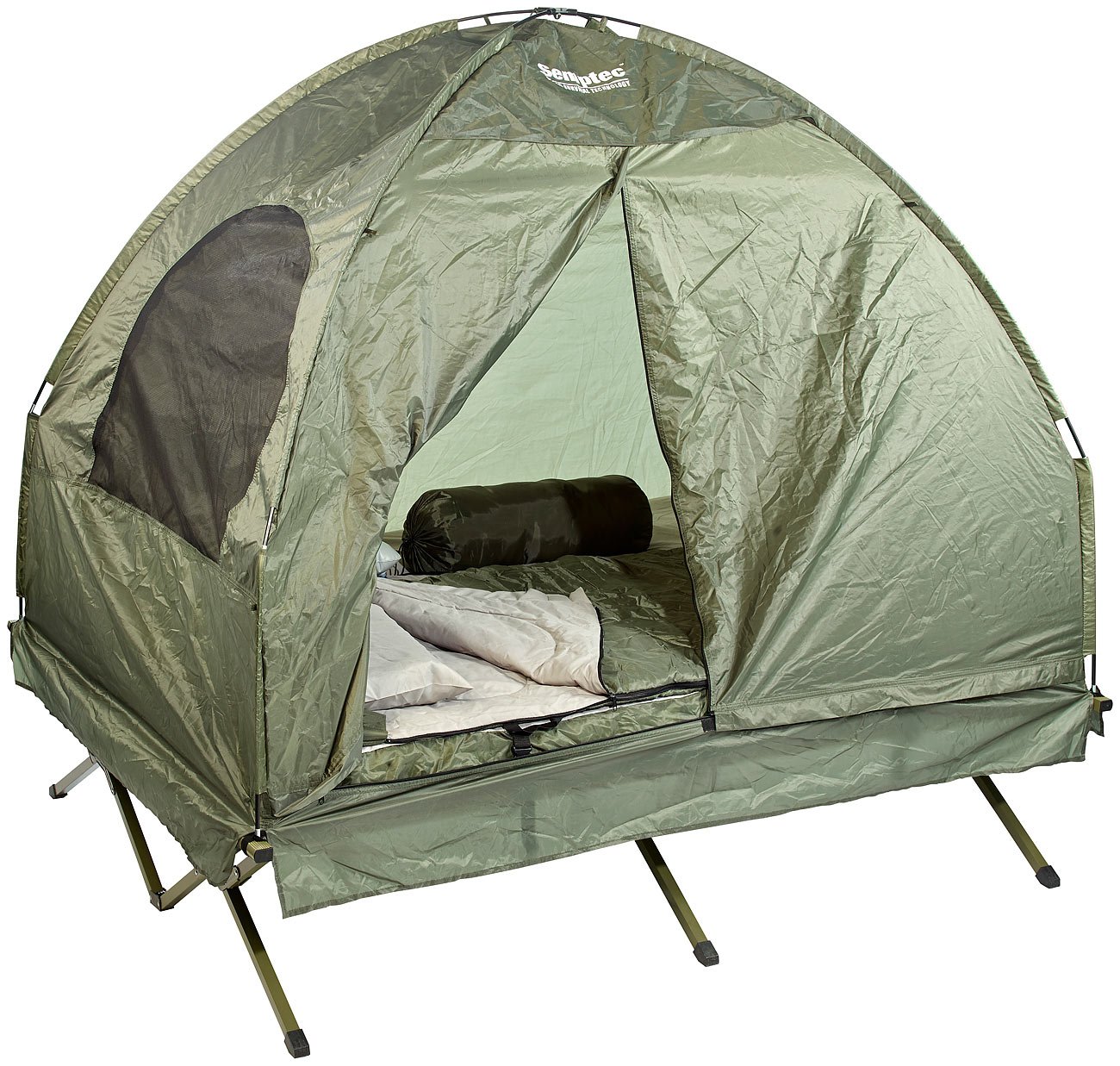 Semptec Urban Survival Technology Feldbett Doppelbett: 4in1-Doppelzelt/2 Schlafsäcken, Matratze, Liege & Kissen (refurbished) (Doppel Feldbett mit Matratze, 2 Personen mit, Bett)
