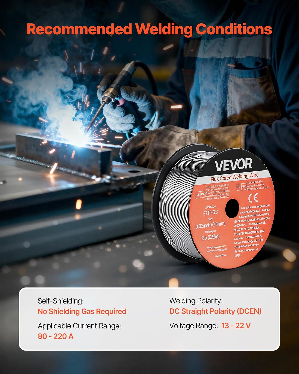 VEVOR Flux Core MIG Welding Wire, E71T-GS 0.03-inch 2 LBS, Gasless Mild Steel Welding Wire with Low Spatter for All Position Arc Welding, Self-Shielded for Outdoor Use (Pack of 3 Rolls)