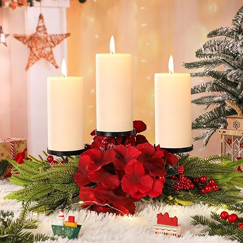 Miniatura 2 de LemonRoad Centro de mesa de Navidad con 3 portavelas de hortensias artificiales de Navidad con base de acero, agujas de pino, bayas y conos de pino