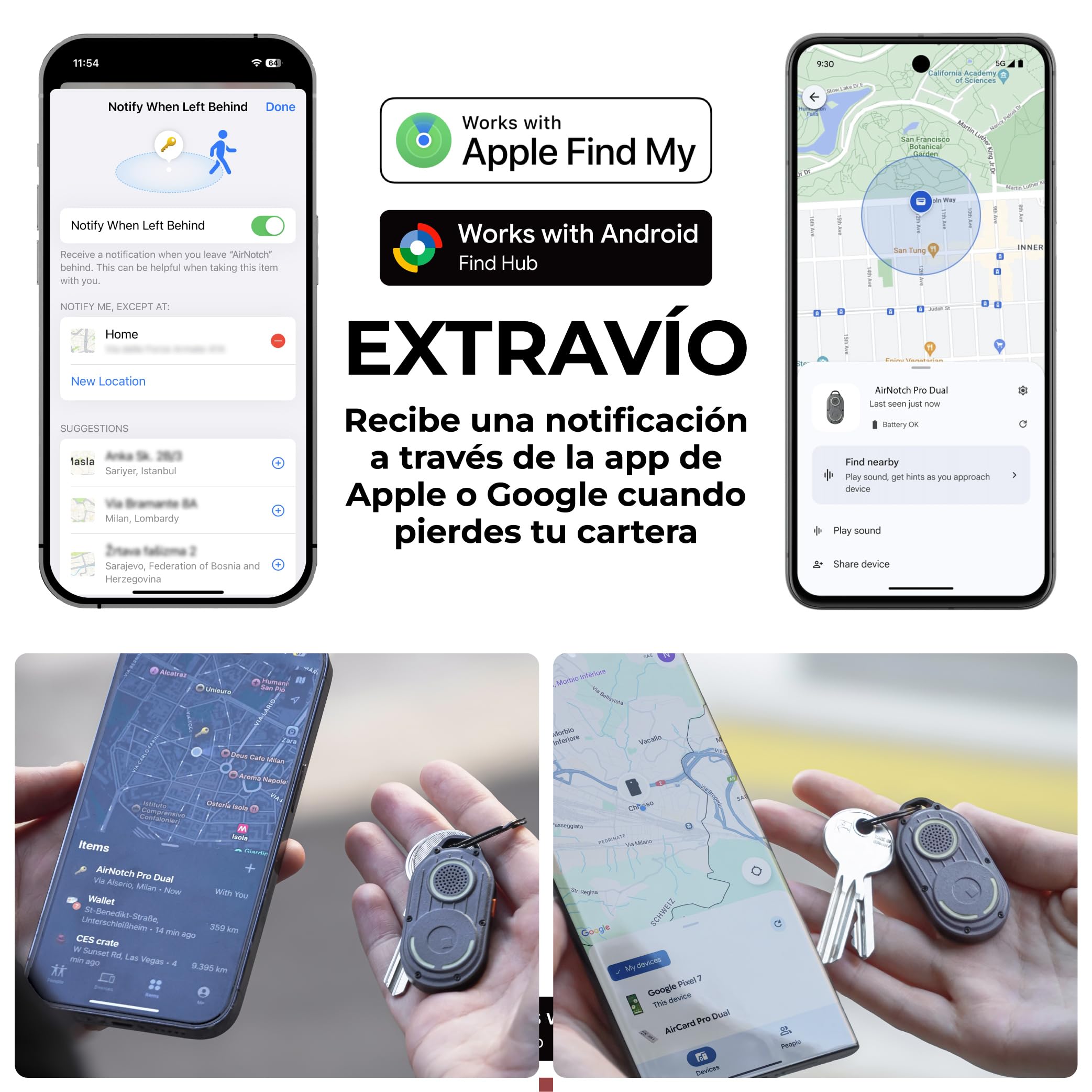 Rolling Square AirNotch Pro Dual - Tag Localizador Android y Apple Compatible con Apple Find My y Google Android Find Hub, Smart Tag Llavero con Rastreador y Sonido 360°, Baterías Reemplazables, Gris