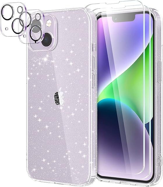 YIRSUR Glitter Clear Case Compatible with iPhone 14 with 2 Pack Screen Protector with 2 Pack Camera Lens Protector, Soft TPU Bumper Anti-Scratch Shockproof Transparent Sparkly Cover