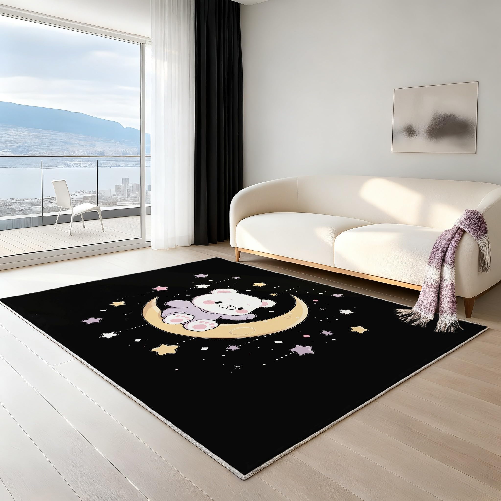 Generisch 80 x 150 cm Teppich Fantasy Cartoon Traumhaft Teppiche Mond Teddybär Schwarz Teppiche & Klettverschluss Maschinenwaschbar für Dekoration Schlafzimmer Kinderzimmer Wohnzimmer