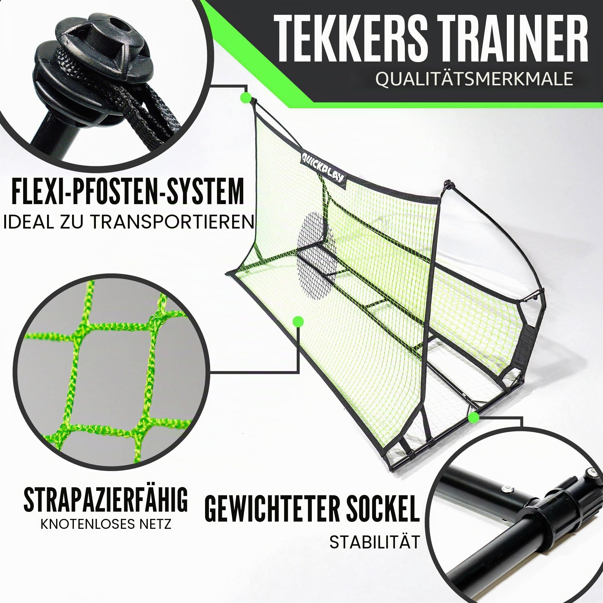 QUICKPLAY TEKKERS Rebounder Für Fußball Professioneller Fußball Rebounder - Tragbare Trainingswand 200x120 cm - 2 in 1 Netz System für Passspiel & Techniktraining