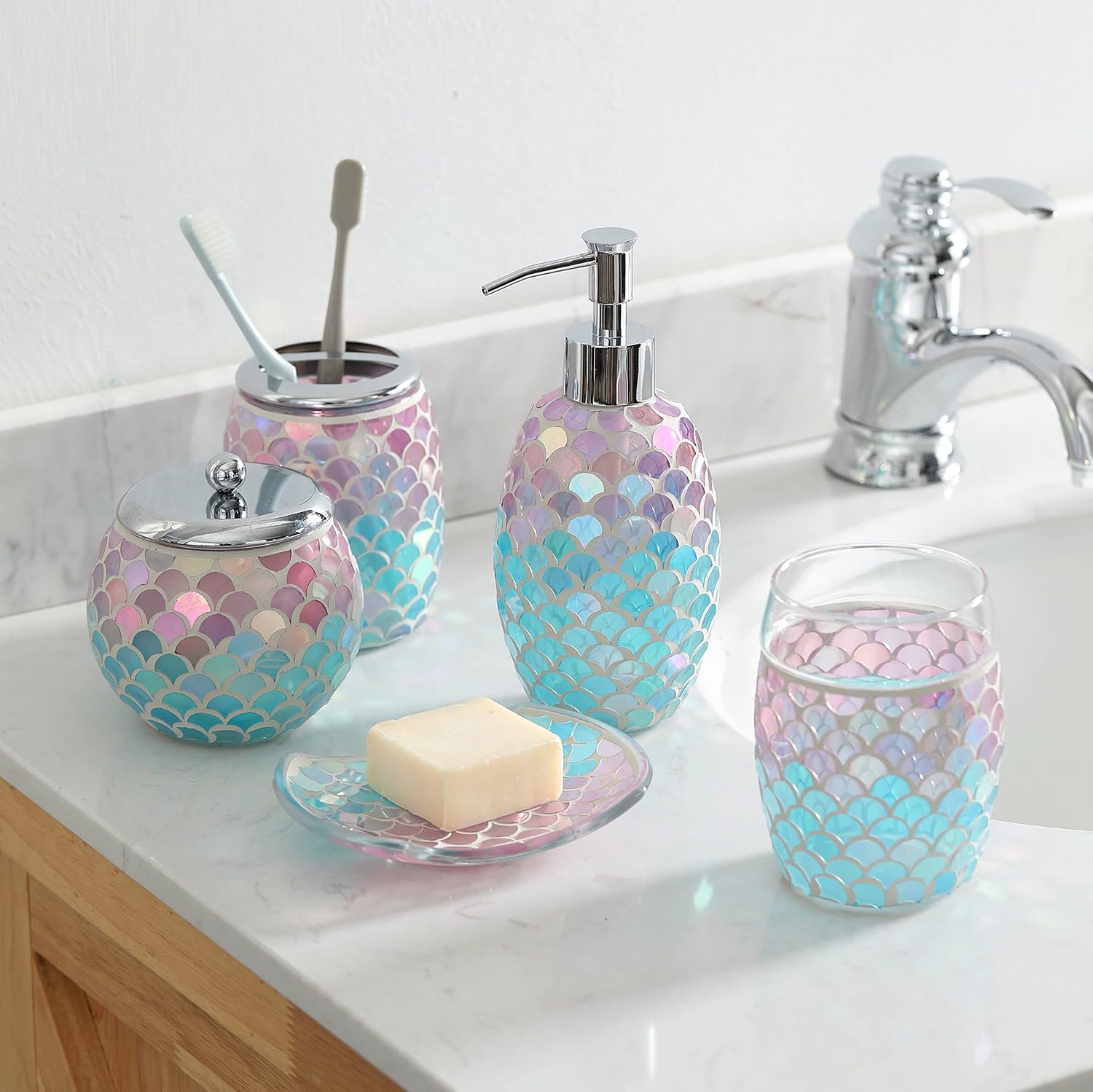 Bathroom Accessories Set, 5-Piece Glass Bath Accessory Complete Set with Lotion Dispenser/Soap Pump, Cotton Jar, Soap Dish, Tumbler and Toothbrush Holder (Mermaid)